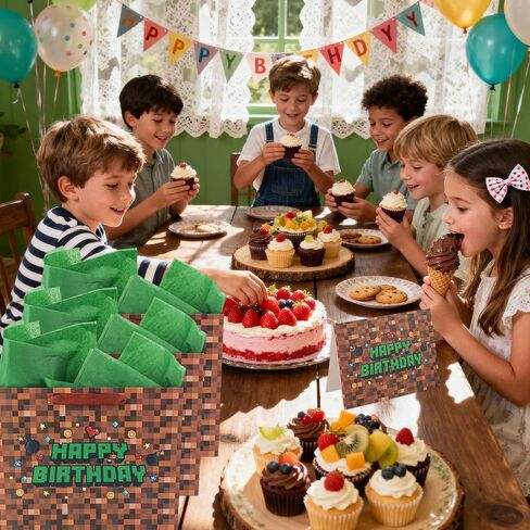 SAVITA Pixel Party Favors Bags, Pixel Theme Goodie Gift Bags Green and Brown Video Game Party Birthday Decorations with Greeting Card & Envelope for Candy Goody Treat Supplies Kids Bday Gifting in Saudi Arabia