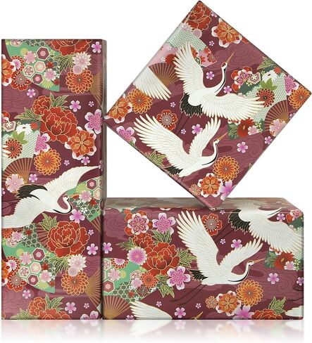 Geluode Japanese Wrapping Paper, Japanese Style Fan Cranes Flower Red Wine Burgundy Gift Wrap Paper, 4 Sheets Folded Flat 20x28 inches for Birthday, Wedding, Baby Shower in Saudi Arabia