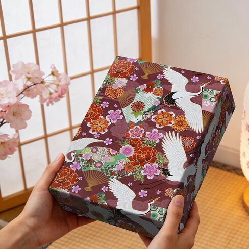 Geluode Japanese Wrapping Paper, Japanese Style Fan Cranes Flower Red Wine Burgundy Gift Wrap Paper, 4 Sheets Folded Flat 20x28 inches for Birthday, Wedding, Baby Shower in Saudi Arabia