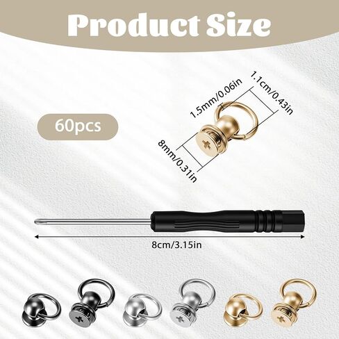60PCS Leather Rivet Kit, Rivets for Fabric, Screwback Round Head Rivets with Pull Ring, Zinc Alloy O Ring Stud Rivet for DIY Leather Craft, Belts, Bags, Phone Cases with Screwdriver, Gold Silver Black in Saudi Arabia