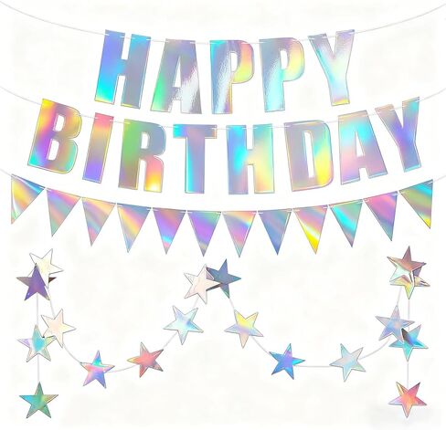 Iridescent Happy Birthday Banner Iridescent Birthday Decorations Shiny Holographic Birthday Banner Rainbow Holographic Pennant Flag Star Bunting Garland Iridescent Party Supplies for Kids Girls Women in Saudi Arabia