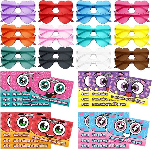 PARSUP 28 Pcs Valentine's Day Greeting Cards with Heart Shape Glasses - Plastic Eyeglass Case Filler Toys Party Favor Supplies Gfit Bag Stuffer for Valentines Day Classroom Exchange Gifts in Saudi Arabia
