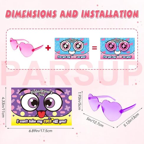 PARSUP 28 Pcs Valentine's Day Greeting Cards with Heart Shape Glasses - Plastic Eyeglass Case Filler Toys Party Favor Supplies Gfit Bag Stuffer for Valentines Day Classroom Exchange Gifts in Saudi Arabia