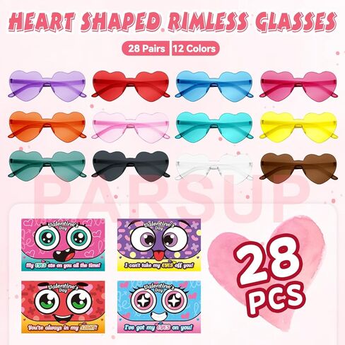 PARSUP 28 Pcs Valentine's Day Greeting Cards with Heart Shape Glasses - Plastic Eyeglass Case Filler Toys Party Favor Supplies Gfit Bag Stuffer for Valentines Day Classroom Exchange Gifts in Saudi Arabia