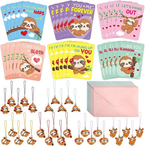 Fancy Land 30 Pack Valentines Cards Classroom Kids Sloth Valentines Day Cards with Keychains Valentine Gift Set Exchange Boys Girls Goody Bag Favors Sloth Animal in Saudi Arabia