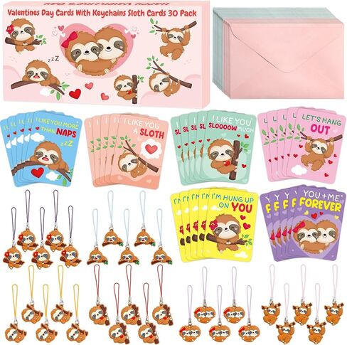Fancy Land 30 Pack Valentines Cards Classroom Kids Sloth Valentines Day Cards with Keychains Valentine Gift Set Exchange Boys Girls Goody Bag Favors Sloth Animal in Saudi Arabia