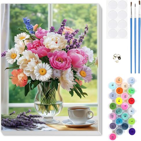 MEIYUDA Flowers Framed Paint by Numbers Adult Kit, DIY Flowers Vase Paint by Numbers with Frame, DIY Oil Painting by Number Kits for Home Wall Decor and Presents 12x16In in Saudi Arabia