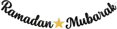 Ramadan Mubarak Banner - Ramadan Mubarak Decorations, Muslim Eid Mubarak Kareem Bunting Sign, Muslim Islamic Festival Party Decorations Black Glitter in Saudi Arabia