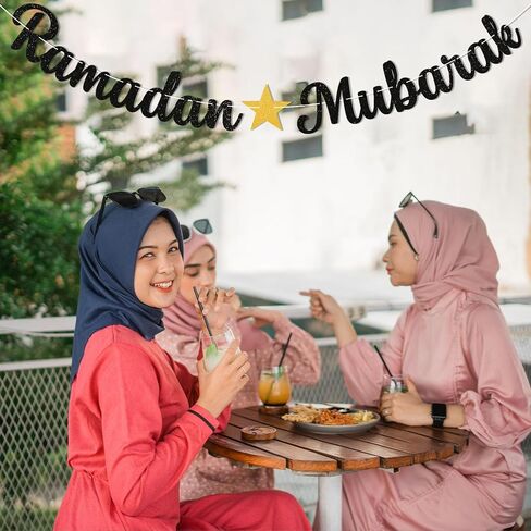 Ramadan Mubarak Banner - Ramadan Mubarak Decorations, Muslim Eid Mubarak Kareem Bunting Sign, Muslim Islamic Festival Party Decorations Black Glitter in Saudi Arabia