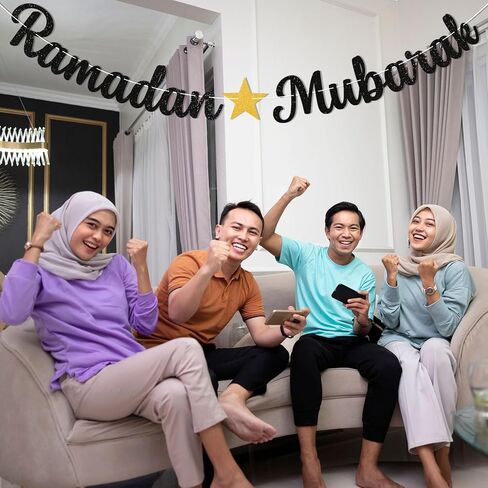 Ramadan Mubarak Banner - Ramadan Mubarak Decorations, Muslim Eid Mubarak Kareem Bunting Sign, Muslim Islamic Festival Party Decorations Black Glitter in Saudi Arabia