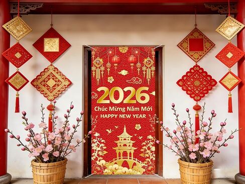 Vietnamese New Year Door Cover 2026 Lunar New Year Door Banner Tết Việt Photography Backdrop for Vietnam Spring Festival Party Decoration Supplies (36x72 inch (3x6FT)) in Saudi Arabia