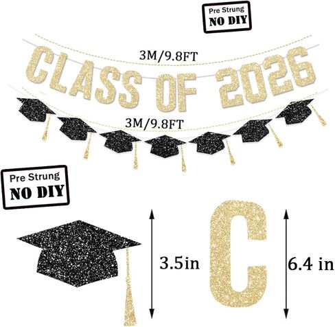زينة التخرج السعيدة المُثبتة مسبقًا، لافتة تهنئة فئة 2026، ذهبية لامعة، تهانينا التخرج مع شرابة، ديكور حفلات الكلية والمدرسة الثانوية، أسود بدون DIY in Saudi Arabia