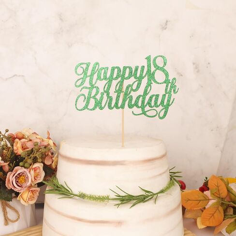 غلاف كعكة عيد الميلاد الثامن عشر السعيد - زينة كعكة عيد الميلاد الثامن عشر باللون الأخضر اللامع، ديكور سحق الكيك بعمر ثمانية عشر عامًا، دعامات كشك تصوير علوي لكعكة عيد الميلاد الثامن عشر (أخضر) in Kuwait