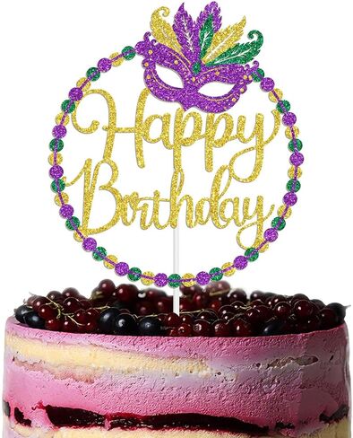Mardi Gras Happy Birthday Cake Topper, Orleans Parade Anniversary Birthday Party Decorations, Fat Tuesday Themed Bday Decorations, Carnival Masquerade Bday Decor Purple & Gold & Green Glitter in Saudi Arabia