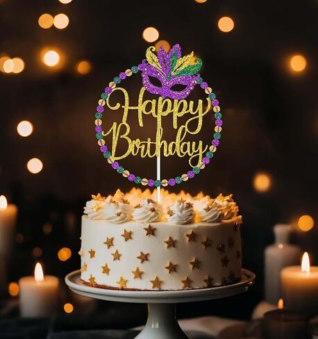 Mardi Gras Happy Birthday Cake Topper, Orleans Parade Anniversary Birthday Party Decorations, Fat Tuesday Themed Bday Decorations, Carnival Masquerade Bday Decor Purple & Gold & Green Glitter in Saudi Arabia
