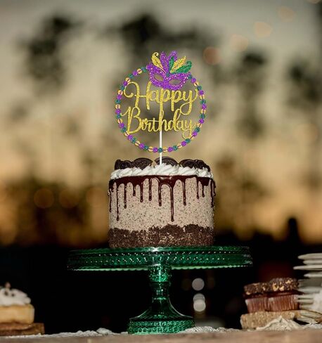 Mardi Gras Happy Birthday Cake Topper, Orleans Parade Anniversary Birthday Party Decorations, Fat Tuesday Themed Bday Decorations, Carnival Masquerade Bday Decor Purple & Gold & Green Glitter in Saudi Arabia
