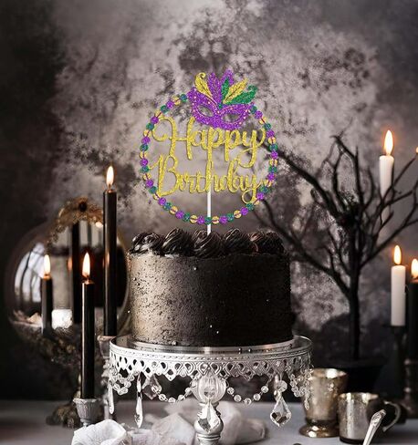 Mardi Gras Happy Birthday Cake Topper, Orleans Parade Anniversary Birthday Party Decorations, Fat Tuesday Themed Bday Decorations, Carnival Masquerade Bday Decor Purple & Gold & Green Glitter in Saudi Arabia