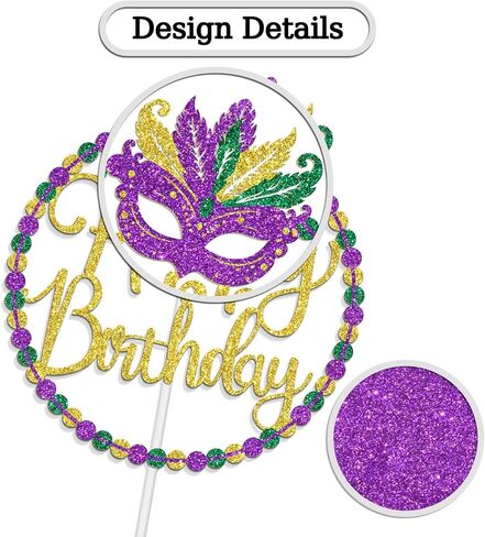 Mardi Gras Happy Birthday Cake Topper, Orleans Parade Anniversary Birthday Party Decorations, Fat Tuesday Themed Bday Decorations, Carnival Masquerade Bday Decor Purple & Gold & Green Glitter in Saudi Arabia