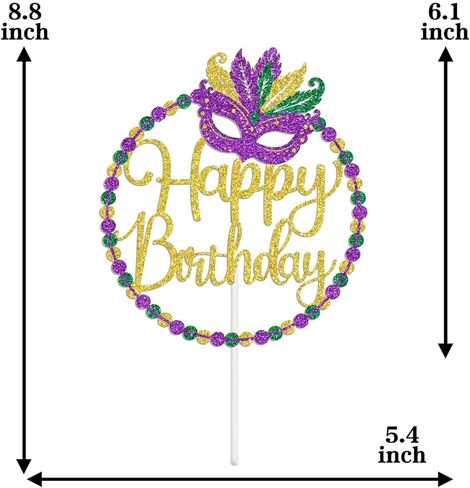 Mardi Gras Happy Birthday Cake Topper, Orleans Parade Anniversary Birthday Party Decorations, Fat Tuesday Themed Bday Decorations, Carnival Masquerade Bday Decor Purple & Gold & Green Glitter in Saudi Arabia