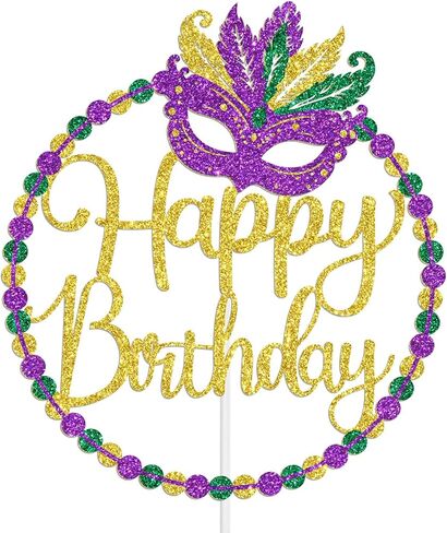 Mardi Gras Happy Birthday Cake Topper, Orleans Parade Anniversary Birthday Party Decorations, Fat Tuesday Themed Bday Decorations, Carnival Masquerade Bday Decor Purple & Gold & Green Glitter in Saudi Arabia