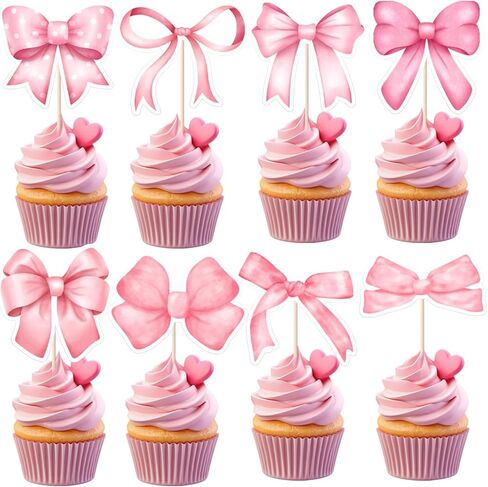 palasasa 48pcs القوس كب كيك القبعات العالية، القوس كوكيت زينة كعكة عيد ميلاد للعزوبية خطوبة الزفاف فتاة الزفاف دش محبوب القوس موضوع ديكور الحفلات (اللون الوردي) in Kuwait