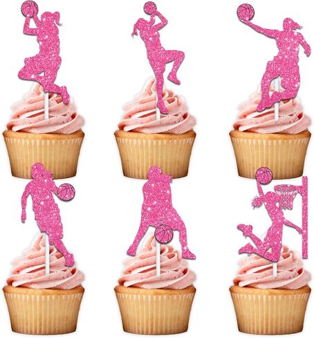 18pcs Pink Glitter Silhouette Female Basketball Player Dessert Cupcake Topper Pick for Play Basketball Theme Decor Supplies Women Girls Happy Birthday Party Decorations in Saudi Arabia