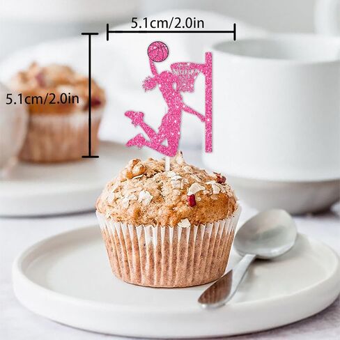 18pcs Pink Glitter Silhouette Female Basketball Player Dessert Cupcake Topper Pick for Play Basketball Theme Decor Supplies Women Girls Happy Birthday Party Decorations in Saudi Arabia