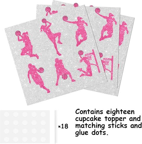 18pcs Pink Glitter Silhouette Female Basketball Player Dessert Cupcake Topper Pick for Play Basketball Theme Decor Supplies Women Girls Happy Birthday Party Decorations in Saudi Arabia