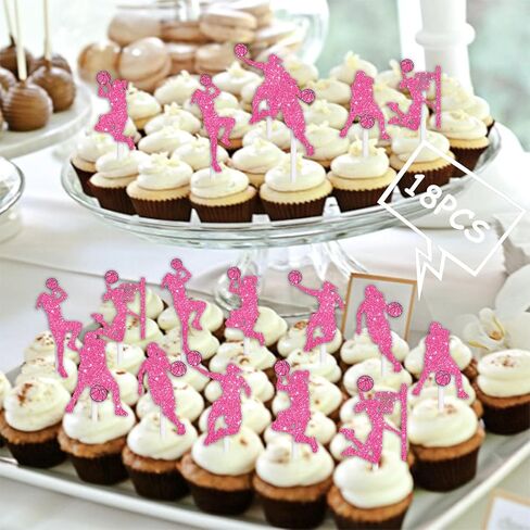 18pcs Pink Glitter Silhouette Female Basketball Player Dessert Cupcake Topper Pick for Play Basketball Theme Decor Supplies Women Girls Happy Birthday Party Decorations in Saudi Arabia