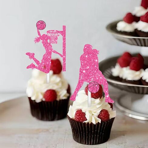 18pcs Pink Glitter Silhouette Female Basketball Player Dessert Cupcake Topper Pick for Play Basketball Theme Decor Supplies Women Girls Happy Birthday Party Decorations in Saudi Arabia
