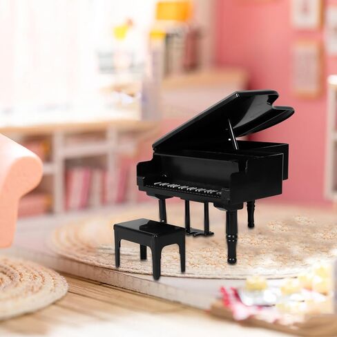 FAVOMOTO Mini Dollhouse Piano and Stool Set, Black Grand Piano with Stool Instrument Musical Educational Toy for Scene Shooting Props Doll House Decoration in Kuwait