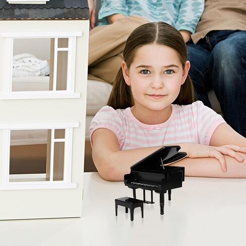FAVOMOTO Mini Dollhouse Piano and Stool Set, Black Grand Piano with Stool Instrument Musical Educational Toy for Scene Shooting Props Doll House Decoration in Kuwait