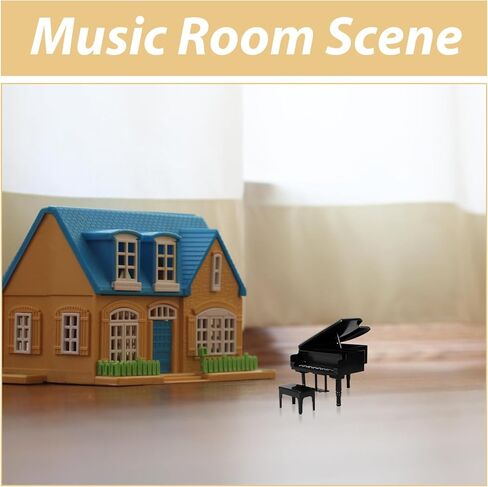 FAVOMOTO Mini Dollhouse Piano and Stool Set, Black Grand Piano with Stool Instrument Musical Educational Toy for Scene Shooting Props Doll House Decoration in Kuwait