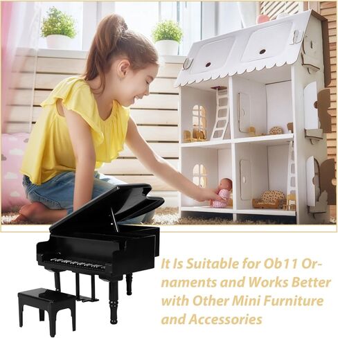 FAVOMOTO Mini Dollhouse Piano and Stool Set, Black Grand Piano with Stool Instrument Musical Educational Toy for Scene Shooting Props Doll House Decoration in Kuwait