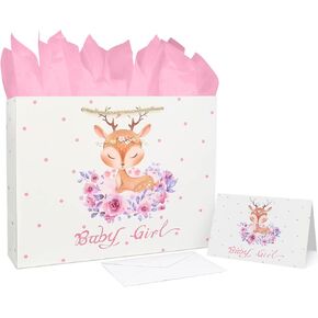 حقيبة هدايا وردية لحفلات استقبال المولود مقاس 13 بوصة من Oletx، حقيبة هدايا وردية للحفلات مع بطاقة تهنئة ورقية (تصميم غزال) in Kuwait