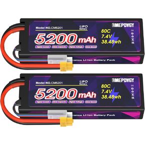 بطارية ليبو 7.4 فولت 2S 5200 مللي أمبير في الساعة 80C حافظة صلبة من ليبو مع موصل T لشاحنات السيارات RC 1/8 1/10 مركبات RC (عبوتين) in Kuwait