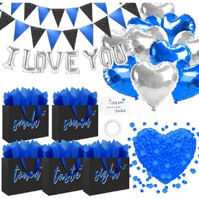 Addblu 5 Senses Gift Bags for Him with Labels - Includes12.6"X8.7"X4" Five Senses Bag, Tissue Paper, I Love You Decoration Banner, Balloons, Rose Petals & Greeting Card, Him/Her, Anniversary, Valentine‘s Day (Black With Red Lettering) in Saudi Arabia