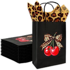 JarThenaAMCS 20Pcs Cheetah Print Cherry Paper Bags with 30 Sheets Cheetah Tissue Paper Candy Treat Bags with Handles for Jungle Safari Birthday Baby Shower Party Favors Supplies in Kuwait