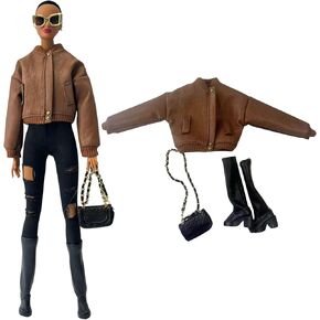 Fashion Doll Outfit Set, Bomber Jacket with Combat Boots and Chain Bag, for 11.5-12 inch Dolls, 1/6 BJD (Brown Bomber Jacke) in Saudi Arabia