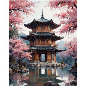 Cultural Paint by Numbers Kit for Adults - DIY Japanese Pavilion and Blossoms Painting on Canvas 16x20 Inches, Acrylic Paint Set, Suitable for Beginners, Art for Home Decoration or Gifts in Kuwait