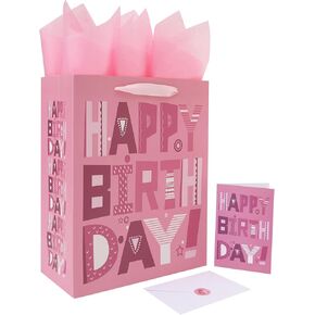 wishinside 13'' Large Happy Birthday Gift Bag Set with Handles, Greeting Card, Pink Tissue Papers and Stickers for Women Girls Kids Teens, Cartoon Design, 1 Pcs in Kuwait