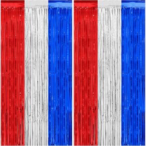 Thicken Red White and Blue Decorations Streamers, 2 Pack 3.2 X 8.2 FT Tinsel Backdrop Curtains, Foil Fringe Backdrop for Birthday, 4th of July, Veterans Day, USA Patriotic Party Decorations in Kuwait