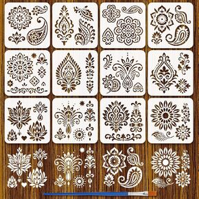 FINGERINSPIRE 12 قطعة استنسل نمط ماندالا مع فرشاة 7.9 × 7.9 بوصة 12 نمطًا من تصميم الأزهار استنسل استنسل زهور ماندالا استنسل بلاستيكي قابل لإعادة الاستخدام للرسم على الخشب والأرضيات والجدار والقماش in Kuwait