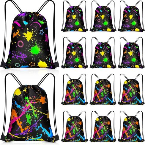 Yiyiring 16 Pcs Glow in the Dark Gift Bags Neon Treat Drawstring Bags for Glow Party Supplies Birthday Travel Camping Decor(Neon Party) in Kuwait