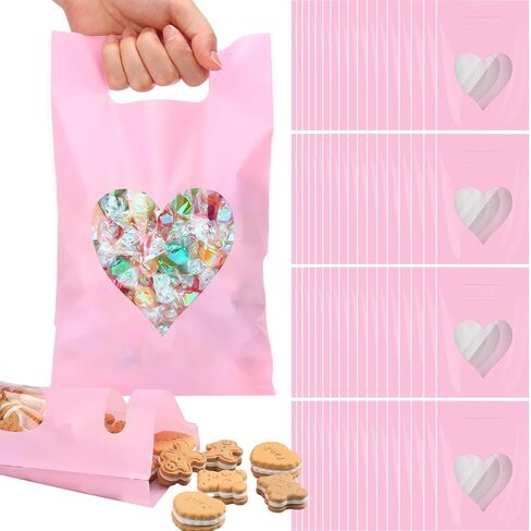 100 Pcs Valentine's Day Gift Bag with Handle 9.84''x6.5'' Plastic Candy Goodie Bag with Heart Shaped Window Party Favor for Treat Holiday Merchandise Shopping Wedding Birthday Supplies(Red) in Saudi Arabia