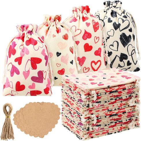 Newwiee 12 Pcs Valentine's Day Gift Bags Burlap Bags 5x7 Inch Valentine's Heart Gift Bags for Kids with 20 Pcs Kraft Paper Tags Drawstring Bags for Valentines Day Weddings Bridal Showers Anniversary in Saudi Arabia