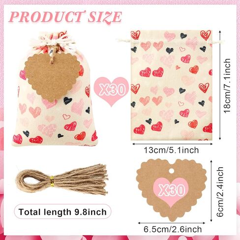 Newwiee 12 Pcs Valentine's Day Gift Bags Burlap Bags 5x7 Inch Valentine's Heart Gift Bags for Kids with 20 Pcs Kraft Paper Tags Drawstring Bags for Valentines Day Weddings Bridal Showers Anniversary in Saudi Arabia