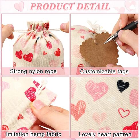Newwiee 12 Pcs Valentine's Day Gift Bags Burlap Bags 5x7 Inch Valentine's Heart Gift Bags for Kids with 20 Pcs Kraft Paper Tags Drawstring Bags for Valentines Day Weddings Bridal Showers Anniversary in Saudi Arabia