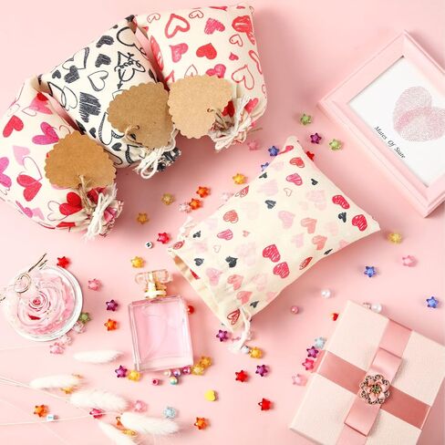 Newwiee 12 Pcs Valentine's Day Gift Bags Burlap Bags 5x7 Inch Valentine's Heart Gift Bags for Kids with 20 Pcs Kraft Paper Tags Drawstring Bags for Valentines Day Weddings Bridal Showers Anniversary in Saudi Arabia