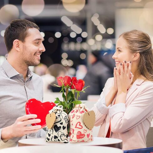 Newwiee 12 Pcs Valentine's Day Gift Bags Burlap Bags 5x7 Inch Valentine's Heart Gift Bags for Kids with 20 Pcs Kraft Paper Tags Drawstring Bags for Valentines Day Weddings Bridal Showers Anniversary in Saudi Arabia